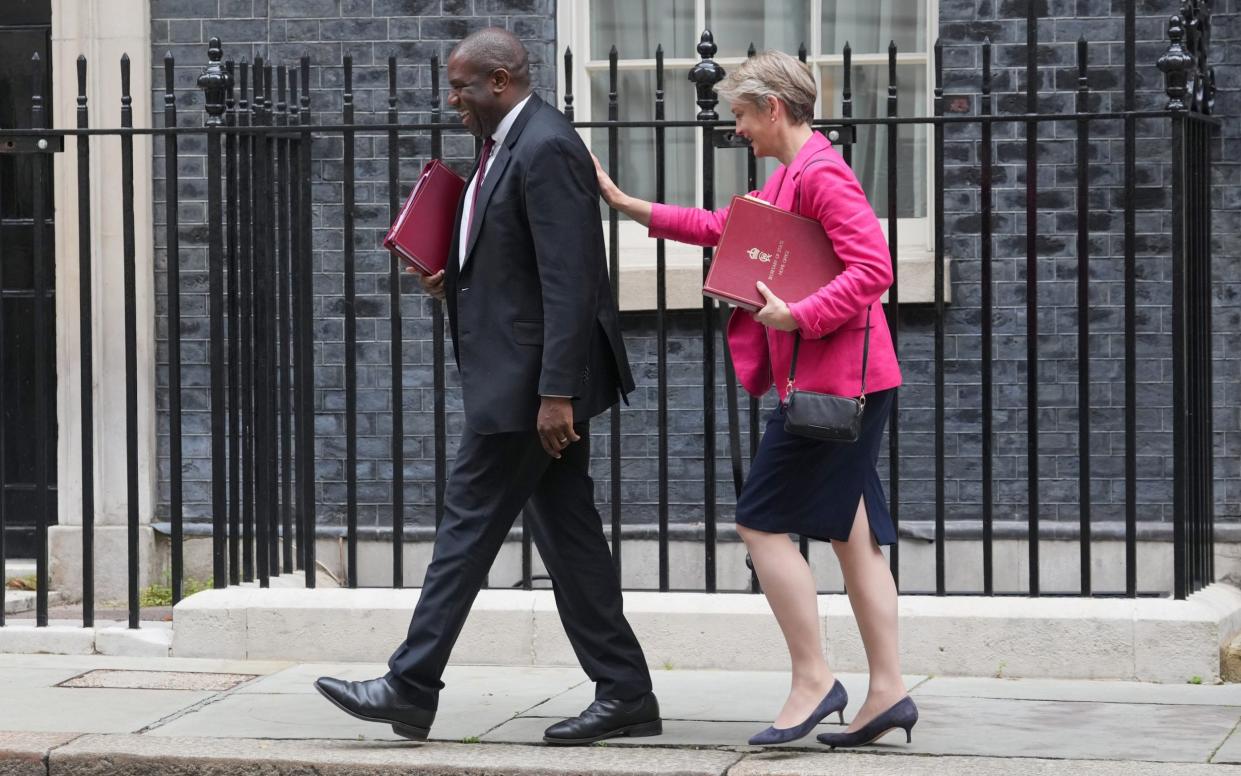 Yvette Cooper, the Home Secretary, and David Lammy, the Foreign Secretary, are pictured this morning as they left 10 Downing Street following a meeting of the Cabinet