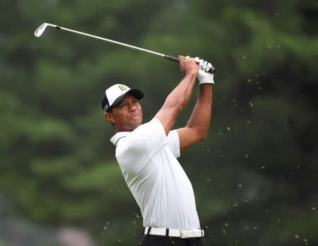 Jul 3, 2015; White Sulphur Springs, WV, USA; Tiger Woods on the 3rd tee at The Old White TPC. Bob Donnan-USA TODAY Sports