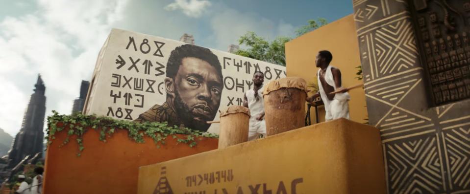 A mural of T'Challa in the first teaser trailer for "Black Panther: Wakanda Forever."