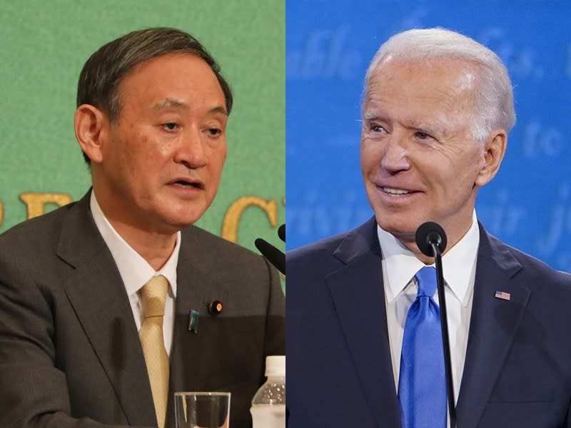 在美、日雙方的峰會中，日本首相菅義偉(左)向美國總統拜登(右)承諾，會竭盡所能抑制新冠肺炎疫情，在今年舉辦一場「安全且讓人安心」的東京奧運。（左圖為中央社檔案照片；右圖取自facebook.com/joebiden）