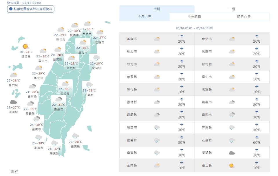 各地天氣。（圖取自中央氣象署網站）