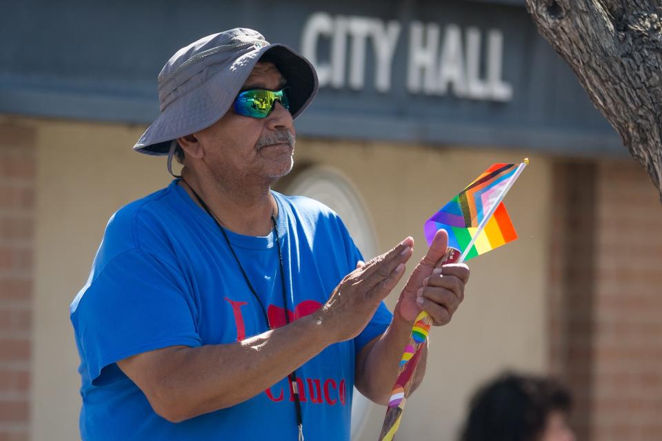 Saul Sustaita celebrates his son at the 19th Annual El Paso Sun City Pride Parade at Downtown El Paso on Saturday, June 29, 2024.