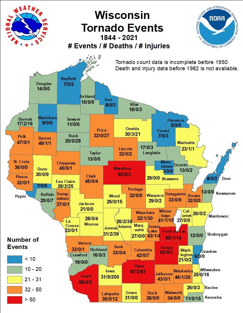 This graphic shows where tornadoes have occurred the most in Wisconsin and also shows how many people have been killed or injured in the storms.