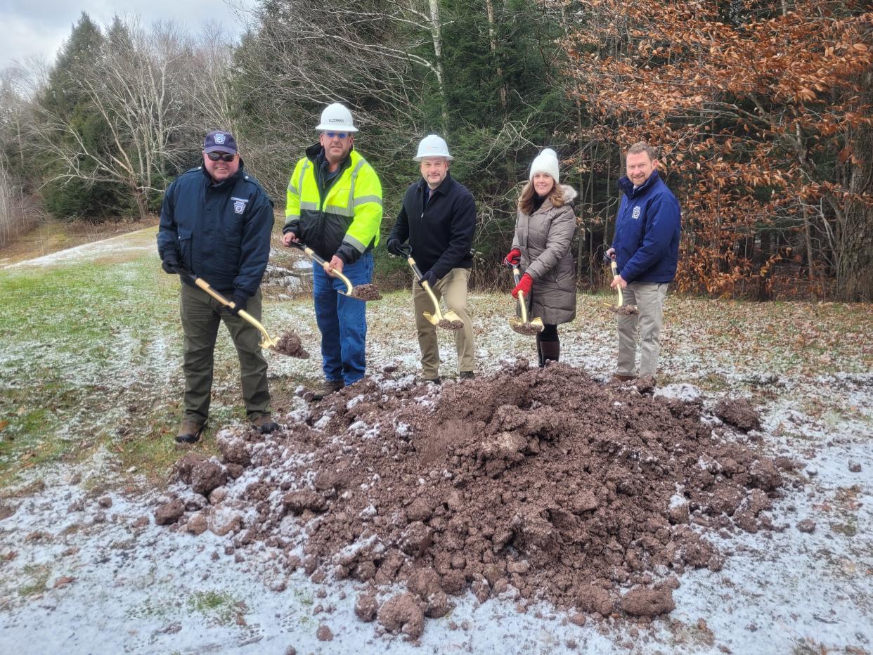 Officials broke ground November 23 on the Lower Woods Dam rehabilitation project. From Left to right: William Gibney, PFBC District 7 Commissioner; Gary Linde, Leeward Construction, Inc.; Rep. Jonathan Fritz; Senator Lisa Baker; Tim Schaeffer, PFBC Executive Director