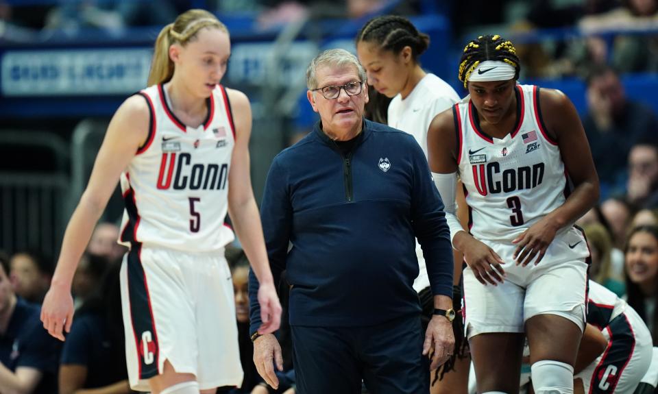 Geno Auriemma coaches the UConn Huskies against the Providence Friars at XL Center in Hartford, Connecticut on Jan 10, 2024.