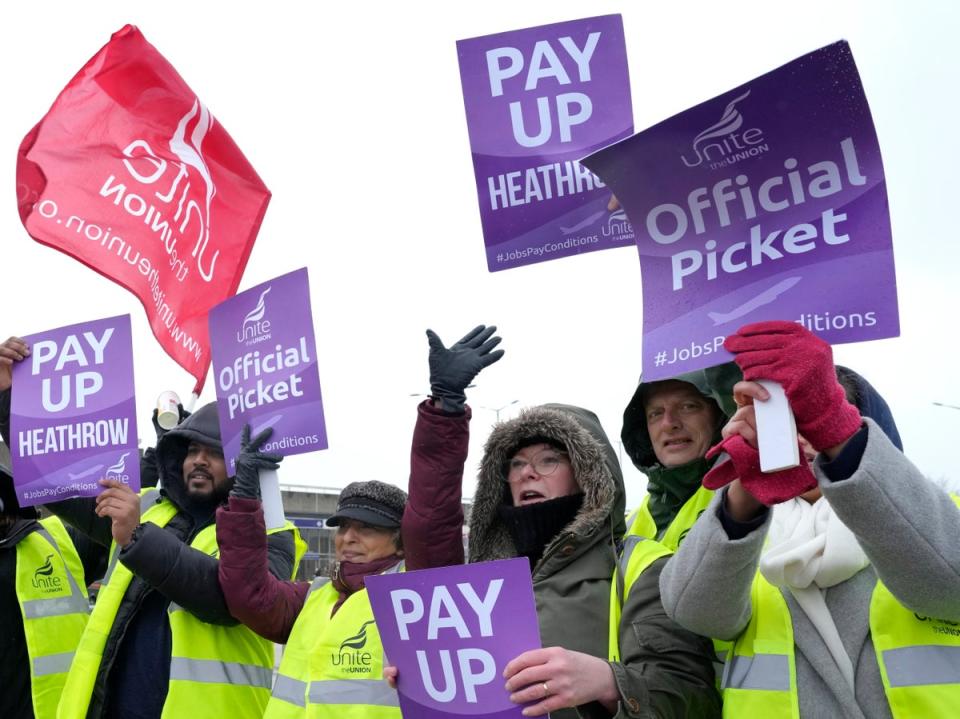 Union members picket outside Heathrow (AP)