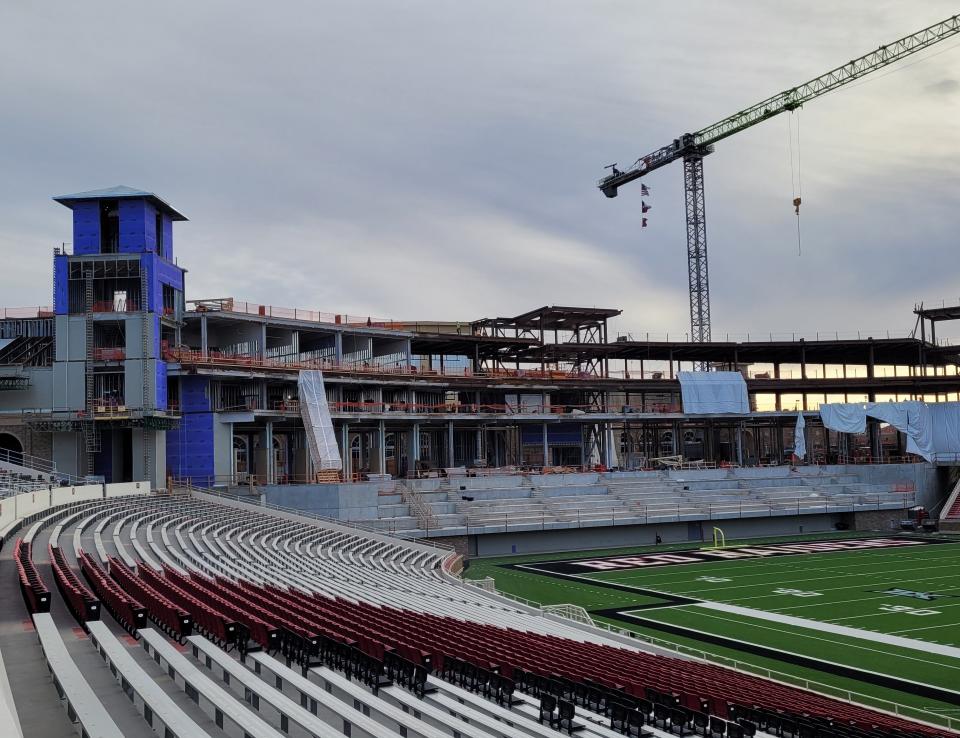 Construction is ongoing on Texas Tech's south end zone project at Jones AT&T Stadium. The building, shown on Wednesday, has a targeted substantial completion date in June or July.