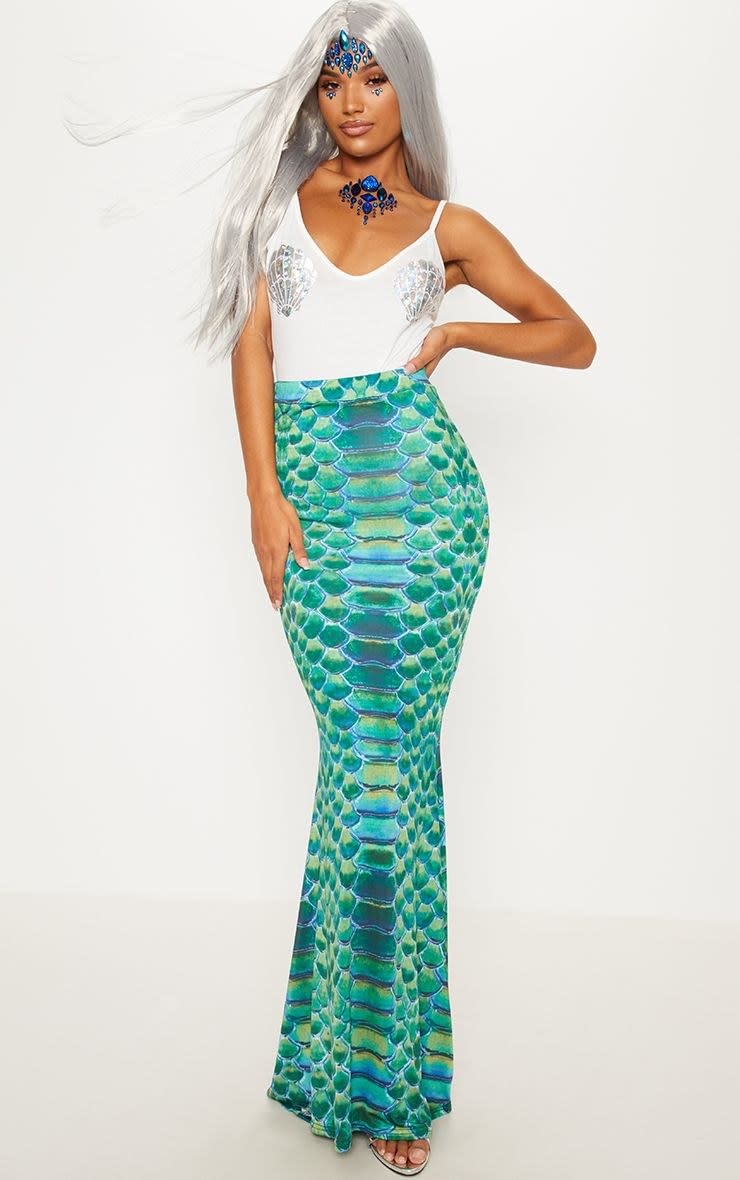 Green Mermaid Print Fishtail Maxi Skirt