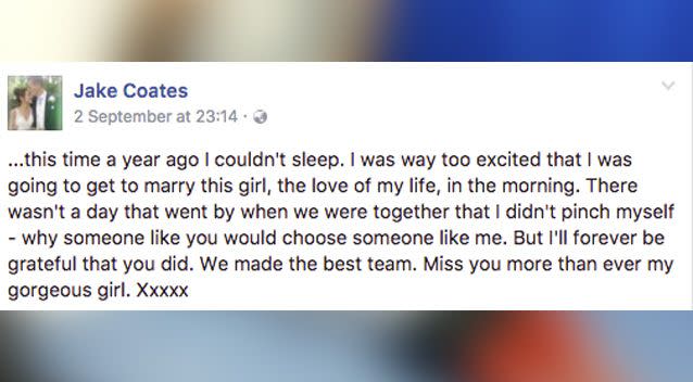 On Sunday, Mr Coates posted a heartbreaking tribute to his wife on what would have been their first wedding anniversary. Photo: Facebook