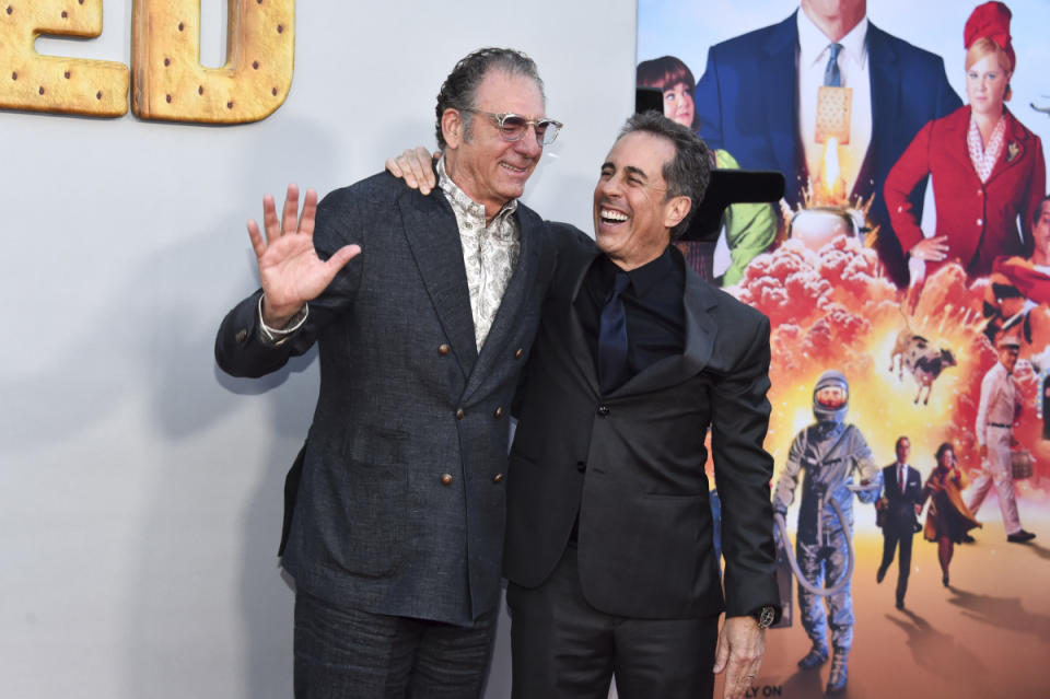 Michael Richards and Jerry Seinfeld attend the Los Angeles premiere of "Unfrosted" held at The Egyptian Theatre Hollywood on April 30, 2024.<p>Alberto Rodriguez/Getty Images</p>