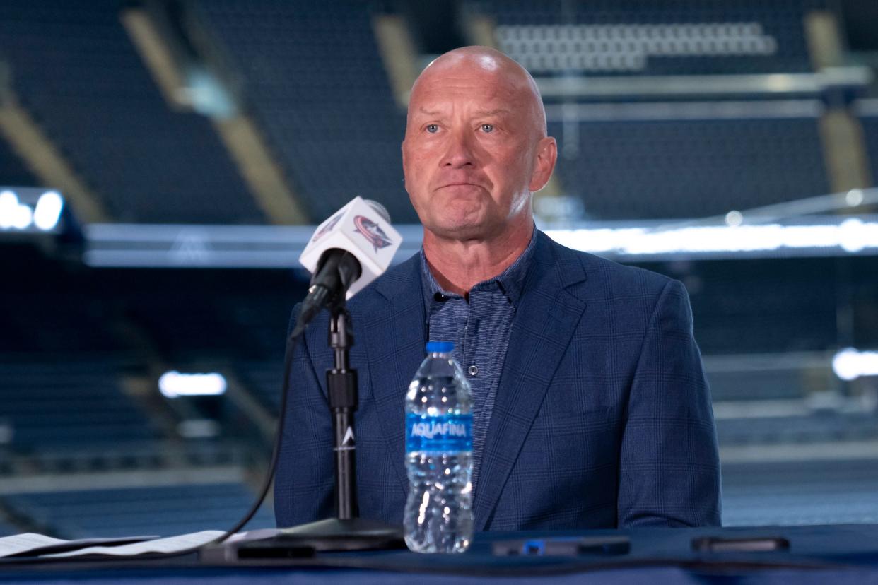 Sep 18, 2023; Columbus, Ohio, USA; General manager Jarmo Kekalainen talks about Mike Babcock’s resignation and the hiring of new head coach Pascal Vincent during the Columbus Blue Jackets media day prior to the start of training camp at Nationwide Arena.
