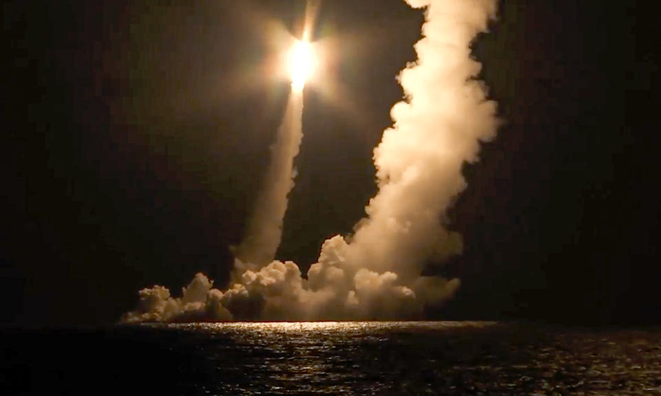 FILE - In this photo taken from video distributed by Russian Defense Ministry Press Service, Intercontinental ballistic missiles are launched by the Vladimir Monomakh nuclear submarine of the Russian navy from the Sera of Okhotsk, Russia, on Dec. 12, 2020. Russian President Vladimir Putin's threats to use "all the means at our disposal" to defend his country as it wages war in Ukraine have cranked up global fears that he might use his nuclear arsenal, with the world's largest stockpile of warheads. (Russian Defense Ministry Press Service via AP, File)