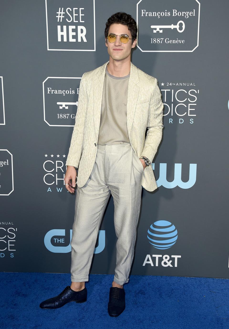 Darren Criss arrives at the 24th annual Critics' Choice Awards on Sunday, Jan. 13, 2019, at the Barker Hangar in Santa Monica, Calif. (Photo by Jordan Strauss/Invision/AP) ORG XMIT: CAPM293