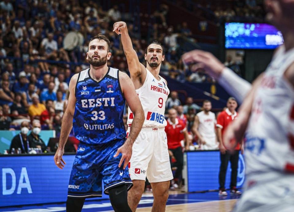 Dario Saric lines up a jumper against Estonia in EuroBasket play in Milan, Italy.