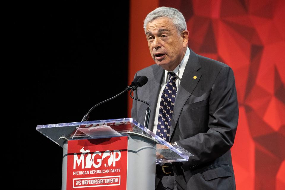 Michigan Republican Party co-chair Ron Weiser speaks during the MIGOP State Convention at the DeVos Place in Grand Rapids on April 23, 2022.