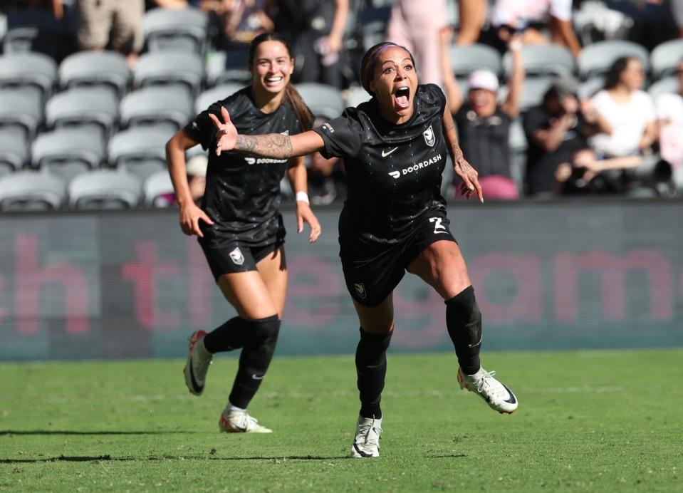 Angel City FC forward Sydney Leroux celebrates a goal against Portland Thorns FC in the second half in a NWSL match at BMO Stadium.