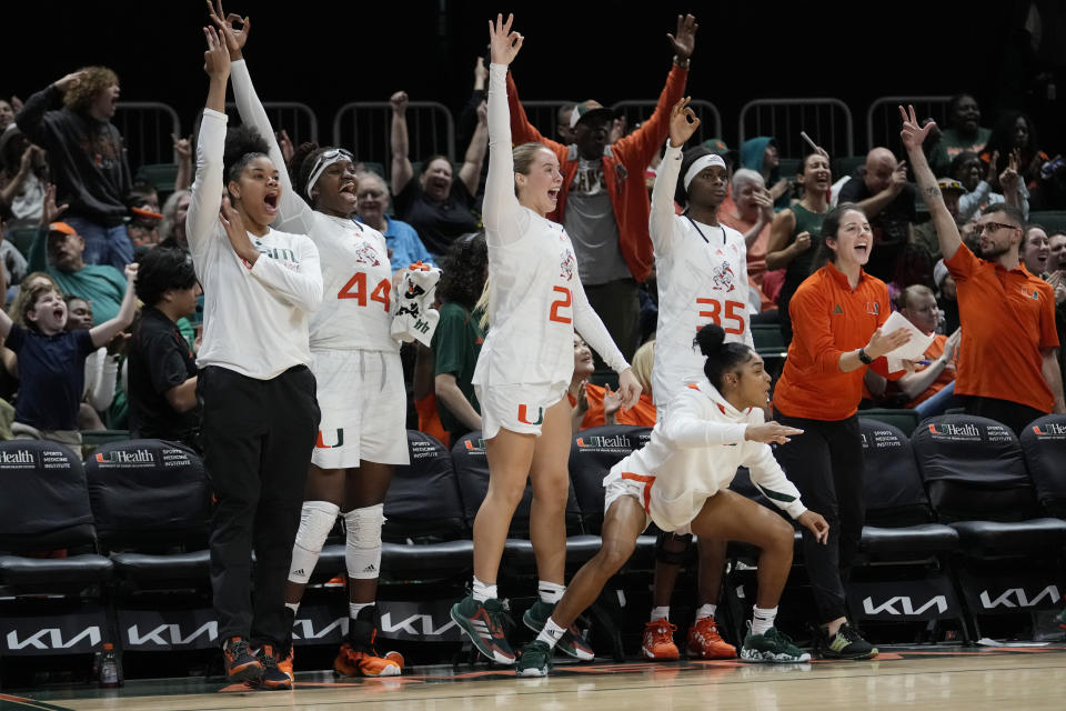 The Miami bench celebrates Thursday's upset of NC State. (AP Photo/Lynne Sladky)