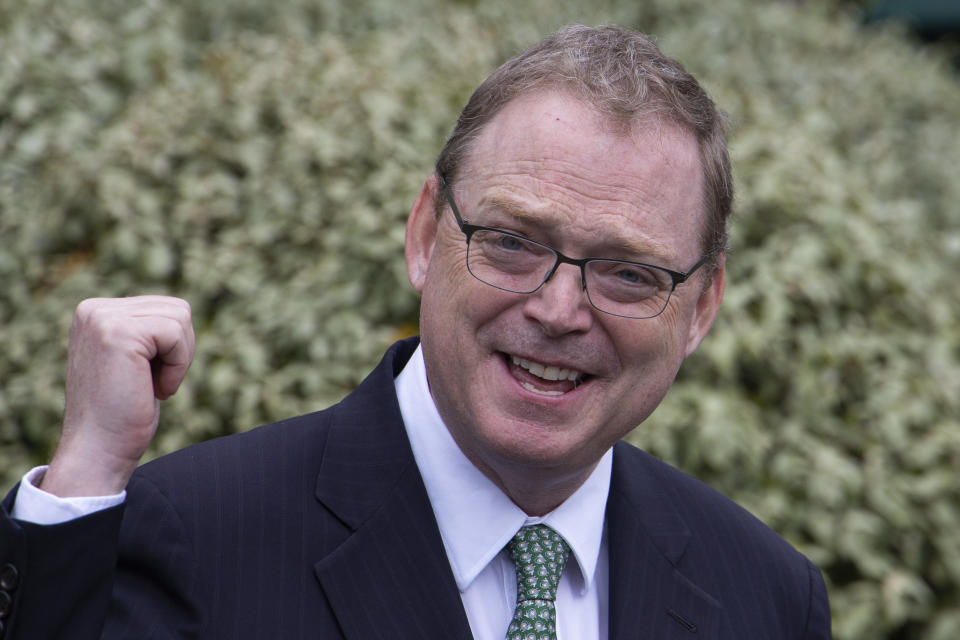 Kevin Hassett, chairman of the White House Council of Economic Advisers, speaks to the media on the North Lawn of the White House, Friday, April 19, 2019, in Washington. (AP Photo/Jon Elswick)