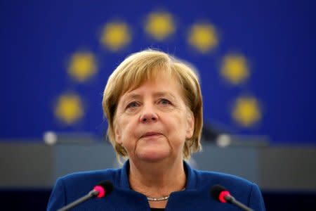 German Chancellor Angela Merkel addresses the European Parliament during a debate on the future of Europe, at the European Parliament in Strasbourg, France, November 13, 2018. REUTERS/Vincent Kessler