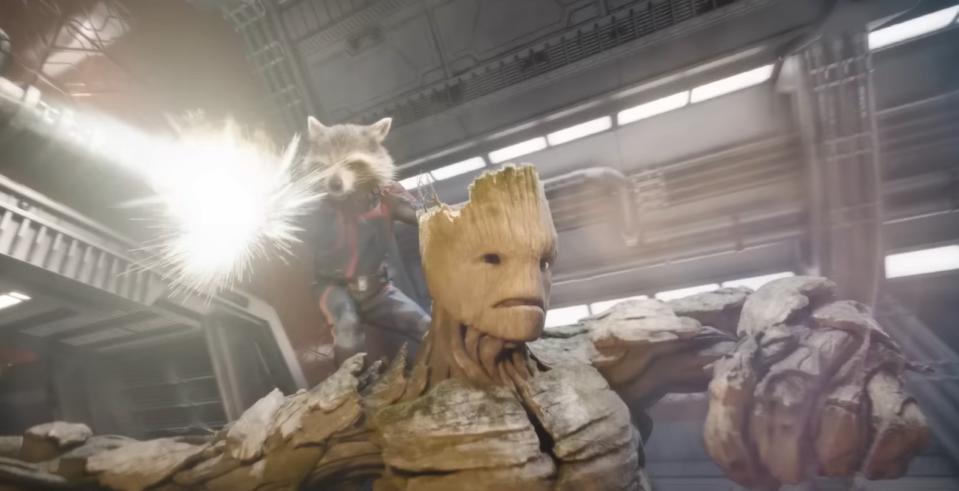 Rocket (Bradley Cooper) and Groot (Vin Diesel) in Guardians of the Galaxy Vol. 3 trailer 2.