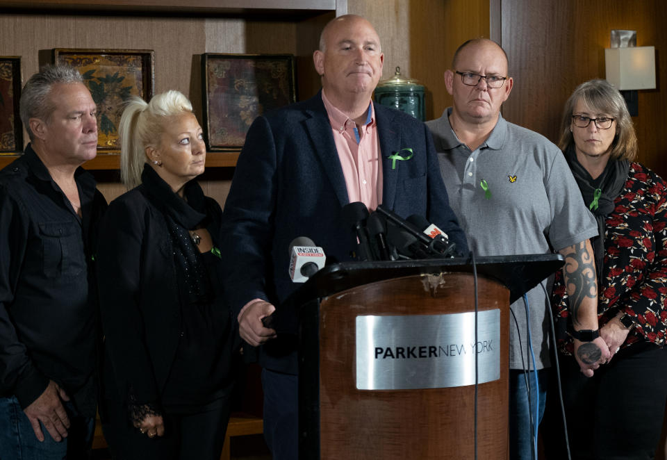 Radd Seiger, a spokesperson for the Dunn family, joins Charlotte Charles, center left, and Tim Dunn, center right, parents of Harry Dunn, who died after his motorbike was involved in an August 2019 accident in Britain with Anne Sacoolas, wife of an American diplomat, speaks at a news conference joined by Harry Dunn's step parents Bruce Charles and Tracey Dunn Monday, Oct. 14, 2019, in New York. The family is seeking answers after Sacoolas returned to the United States after being granted diplomatic immunity following the crash. (AP Photo/Craig Ruttle)