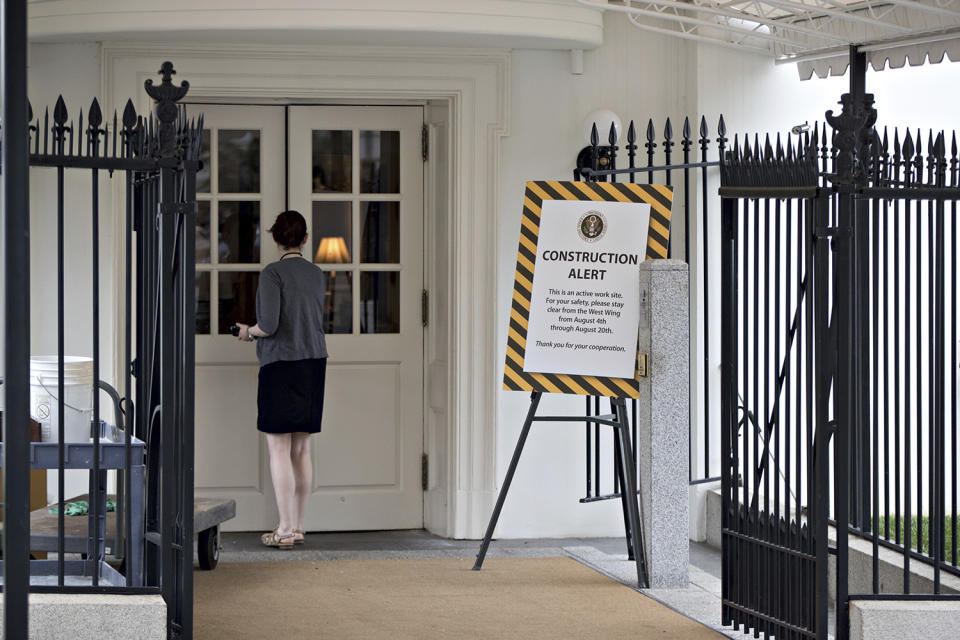 <p>A sign alerts visitors at a West Wing entrance of the White House in Washington, Friday, Aug. 11, 2017, during renovations while President Donald Trump is spending time at his golf resort in New Jersey. (AP Photo/J. Scott Applewhite) </p>