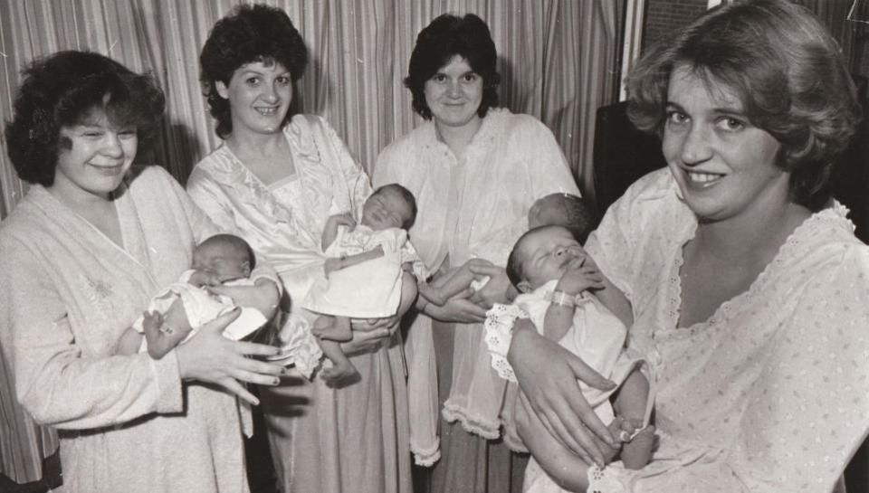 York Press: December 1983: Christmas Day babies and mothers at York District Hospital maternity unit. From the left Deborah Burns with Michael, Wendy Cunningham with Paul, Sandra Gallagher with David and Caroline Comito with her baby boy, who has yet to be named. 