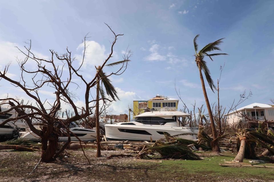 Trees left bare by Hurricane Dorian dot the devastated landscape in Marsh Harbor, Abaco, Bahamas, Thursday, Sept. 5, 2019. The storm’s devastation has come into sharper focus as the death toll climbed to 20 and many people emerged from shelters to check on their homes. (AP Photo/Gonzalo Gaudenzi)