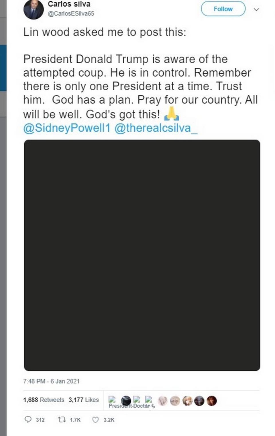 A screen grab of a tweet by Carlos E. Silva captured by a Google cache link to his suspended @carlosesilva65 account. Before Twitter banned him, Silva tweeted that he was sharing messages on behalf of L. Lin Wood, a controversial Atlanta attorney who tried to overturn the results of the presidential election in Georgia.