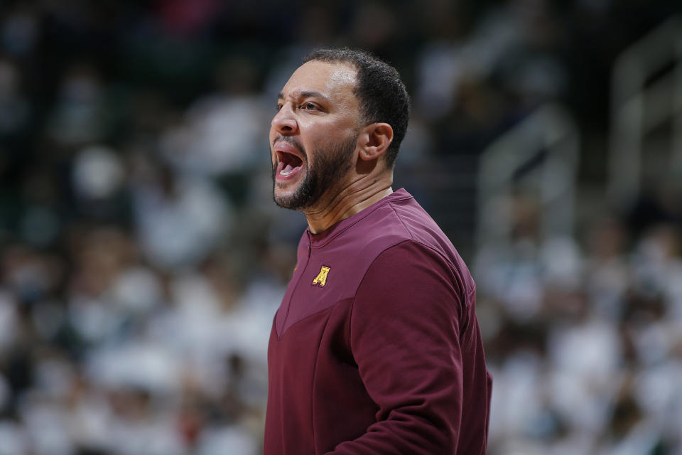 Minnesota coach Ben Johnson reacts during the first half of an NCAA college basketball game against Michigan State, Wednesday, Jan. 12, 2022, in East Lansing, Mich. (AP Photo/Al Goldis)