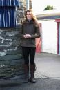 <p>The Duchess traveled to <a href="https://www.townandcountrymag.com/society/tradition/a30878236/kate-middleton-outfit-farm-northern-ireland-photos/" rel="nofollow noopener" target="_blank" data-ylk="slk:the Ark Open Farm in Northern Ireland wearing her Barbour coat;elm:context_link;itc:0;sec:content-canvas" class="link ">the Ark Open Farm in Northern Ireland wearing her Barbour coat</a>, a pair of brown boots, jeans, and a turtleneck.</p>