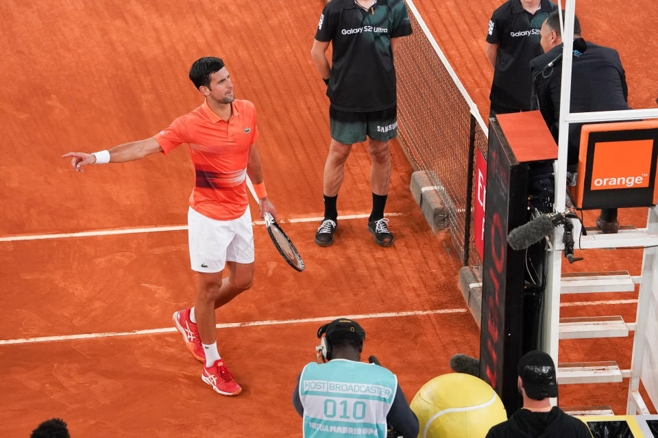 Novak Djokovic, pictured her fuming at Mohamed Lahyani at the Madrid Open.