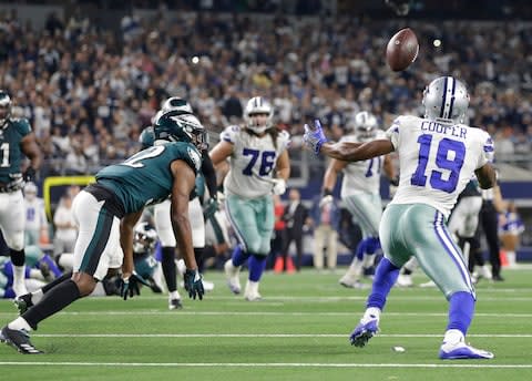 Dallas Cowboys wide receiver Amari Cooper (19) catches the game winning pass in overtime against Philadelphia Eagles cornerback Rasul Douglas (32)at AT&T Stadium - Credit: Tim Heitman/USA TODAY