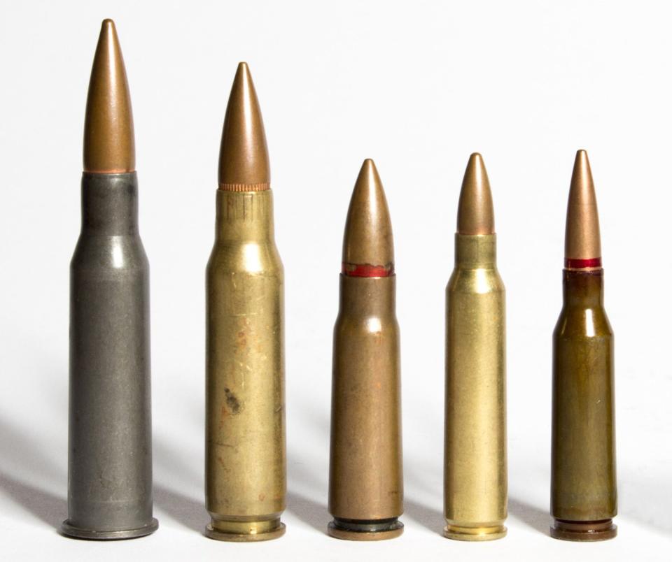 From left to right: 7.62x54mmR (with its pronounced rim at the bottom), 7.62x51mm NATO, 7.62x39mm, 5.56x45mm NATO, and 5.45x39mm. <em>Graysl via Wikimedia</em>
