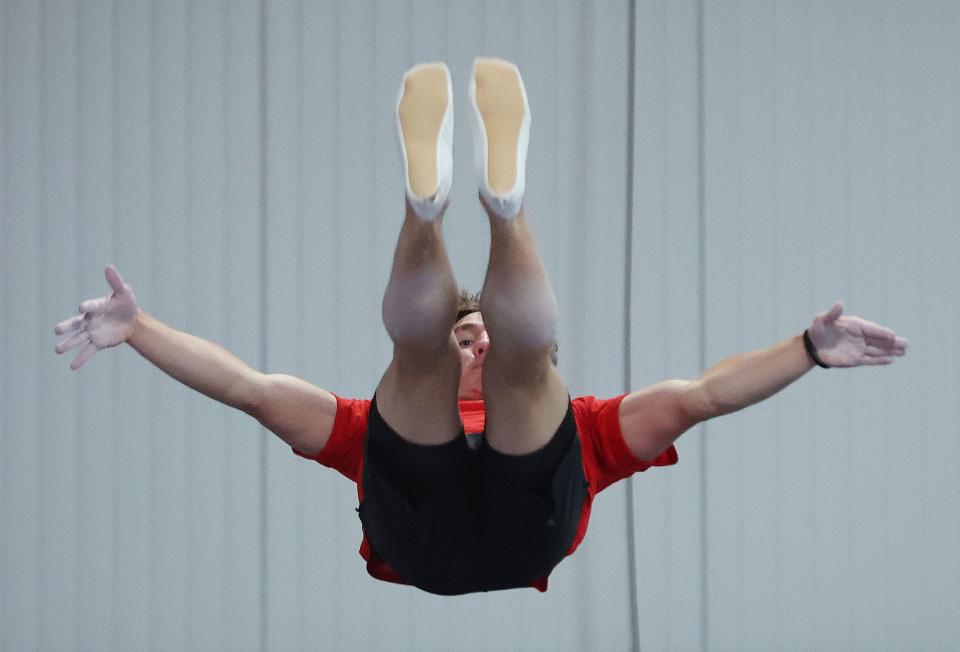 Simon Smith, of Springville, a gymnast representing Team USA for the upcoming Trampoline World Cup, works out in Orem on Thursday, June 29, 2023. | Jeffrey D. Allred, Deseret News