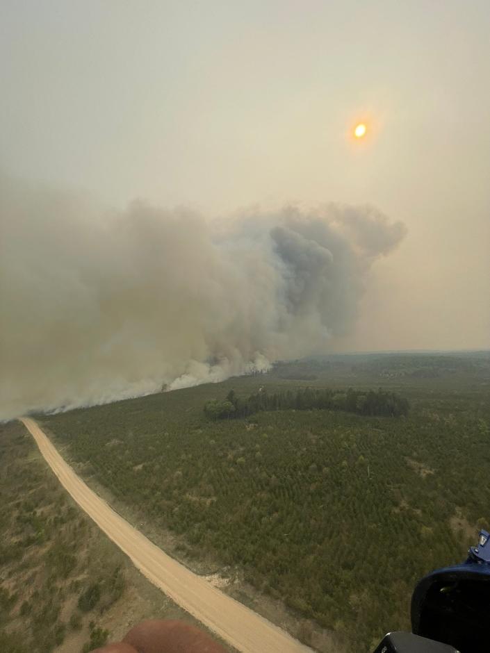 An aerial view of the Michigan wildfire from a State Police helicopter on Saturday.