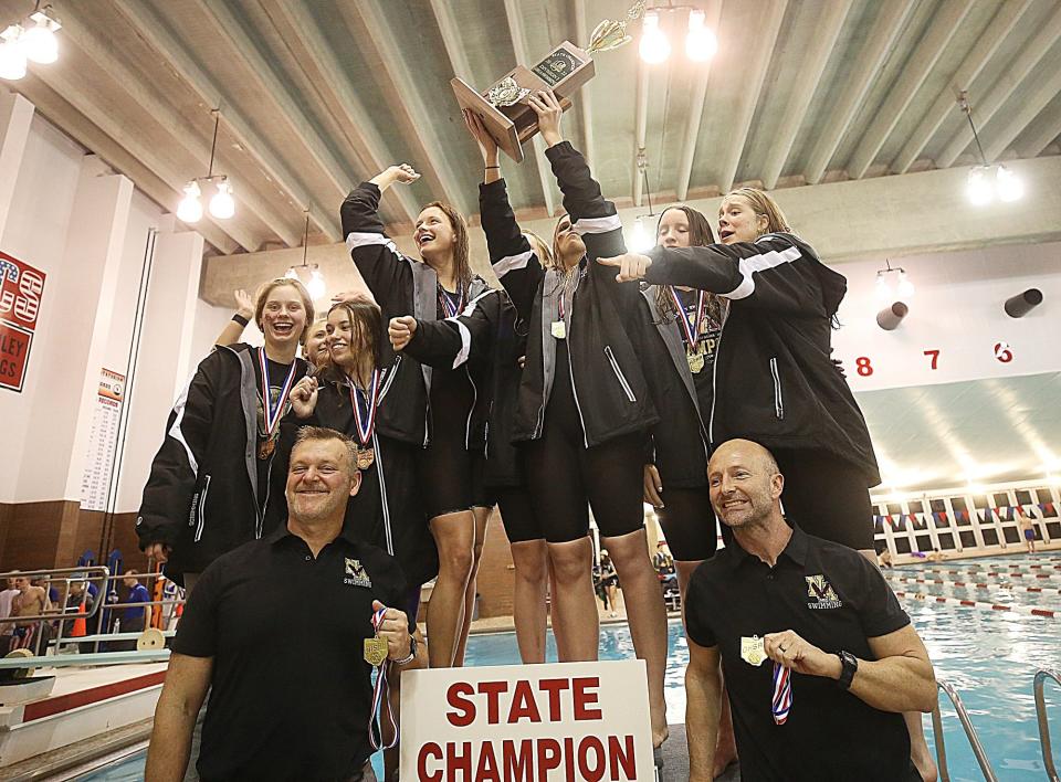 The New Albany girls swimming and diving team repeated as Division I state champion Feb. 26 at Branin Natatorium in Canton.