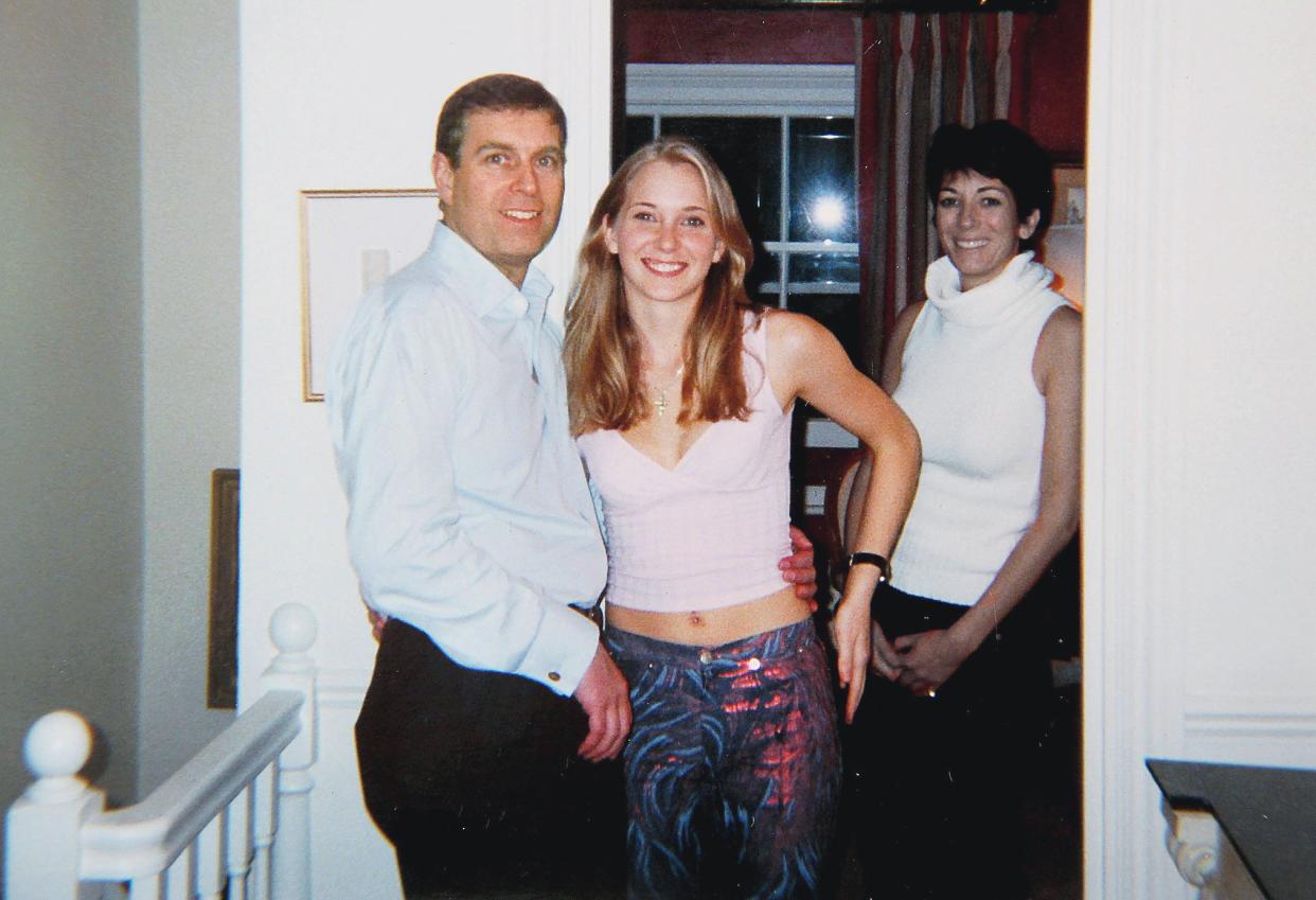 Prince Andrew, Virginia Roberts Giuffre and Ghislaine Maxwell in her London home in 2001. (Adam Penrose <adam.penrose@thetimes.co.uk> / Collect from Virginia roberts)