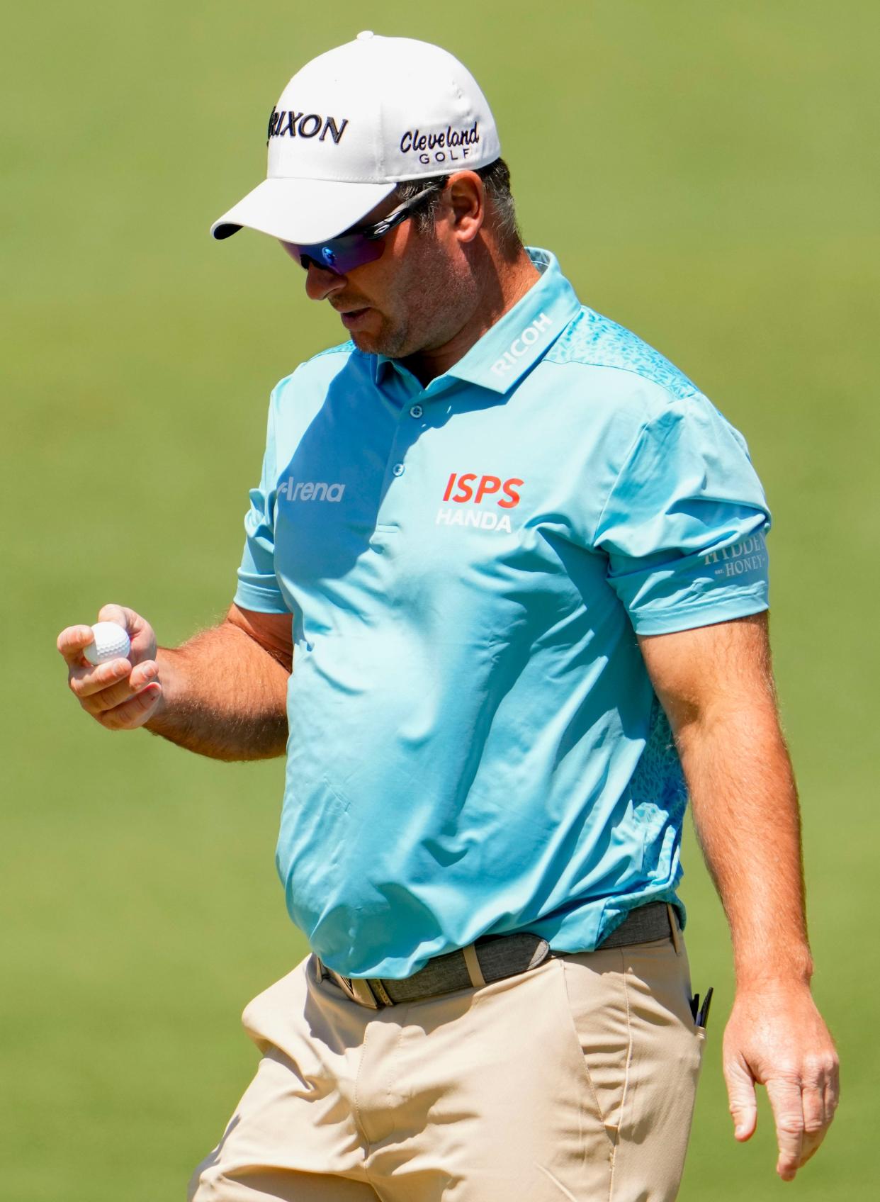 Apr 12, 2024; Augusta, Georgia, USA; Ryan Fox looks at his ball on the no. 2 green during the second round of the Masters Tournament. Mandatory Credit: Rob Schumacher-USA TODAY Network