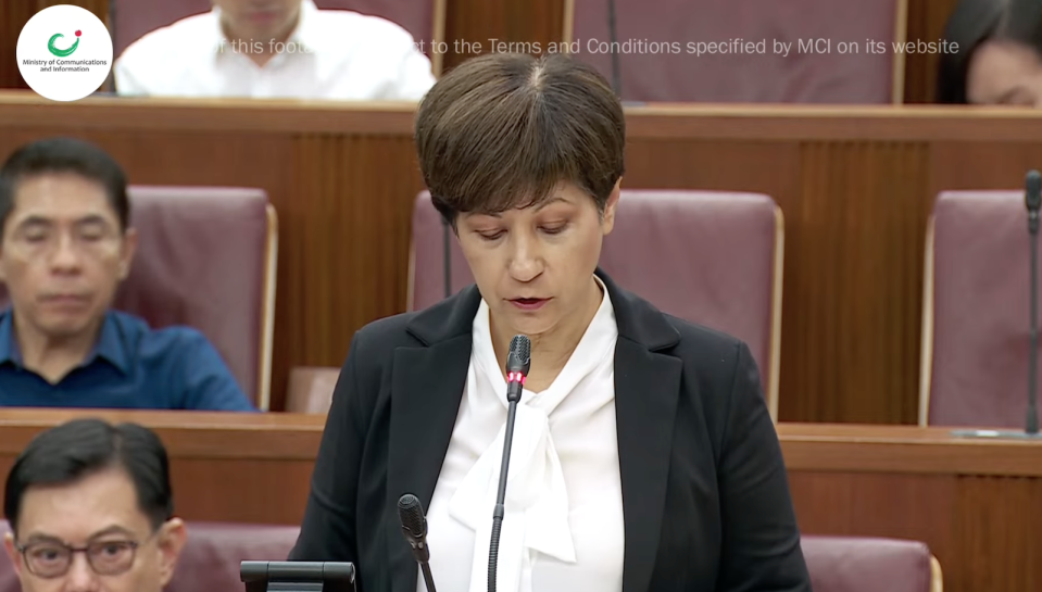 Leader of the House Indranee Rajah addresses committee nominations during the Parliament session on 2 August. 