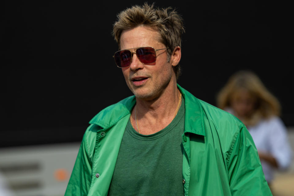 NORTHAMPTON, UNITED KINGDOM - JULY 8: US actor Brad Pitt, star of the upcoming Formula One inspired movie during qualifying ahead of the F1 Grand Prix of Great Britain at Silverstone Circuit on July 8, 2023 in Northampton, United Kingdom. (Photo by Kym Illman/Getty Images)