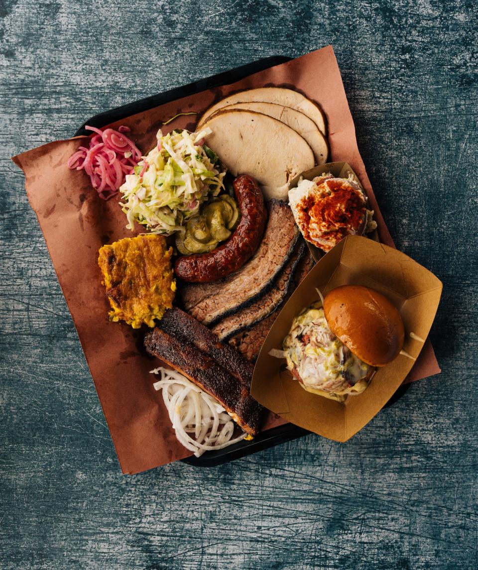 A smoked meat barbecue platter.