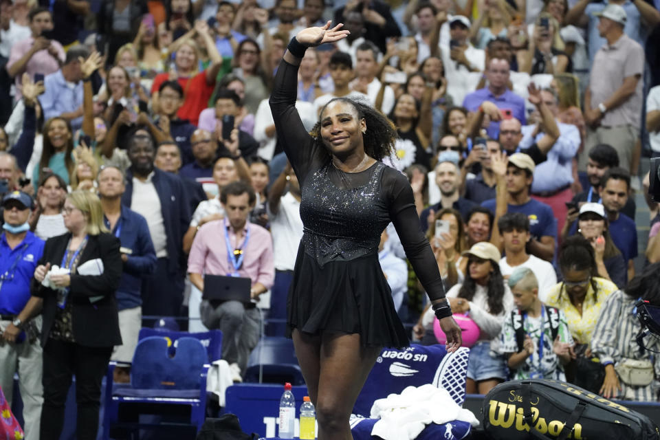 FILE - Serena Williams waves to fans after losing to Ajla Tomljanovic in the third round of the U.S. Open tennis championships, Friday, Sept. 2, 2022, in New York. The Australian Open will be the first Grand Slam tournament since Serena Williams walked away from tennis and played her farewell match in New York at the U.S. Open. (AP Photo/John Minchillo, File)