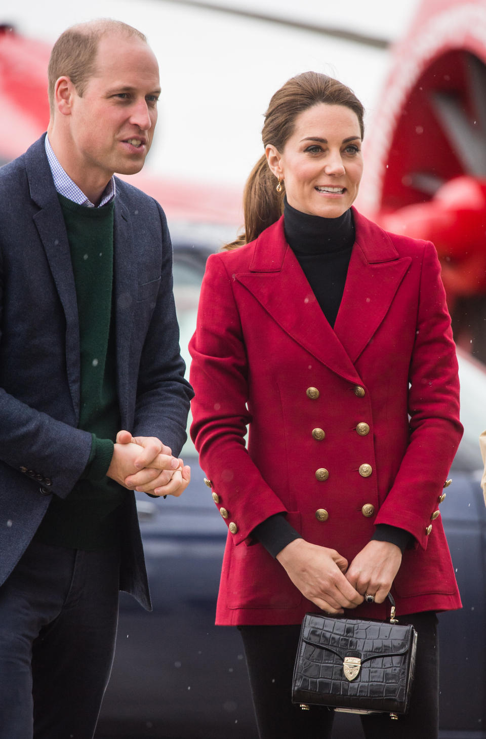 CAERNARFON,  - MAY 08:   Prince William, Duke of Camgridge and Catherine, Duchess of Cambridge arrive at Caernarfon Coastguard Search and Rescue Helicopter Base during a visit to North Wales on May 08, 2019 in Various Cities, United Kingdom. (Photo by Samir Hussein/Samir Hussein/WireImage)