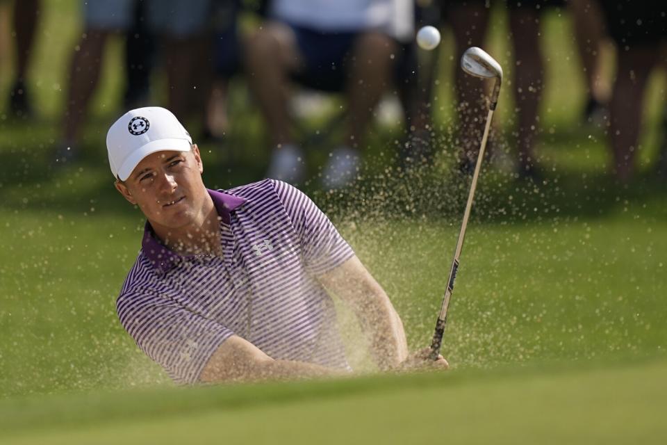 Jordan Spieth hits from the bunker on the 15th hole during the first round of the PGA Championship.