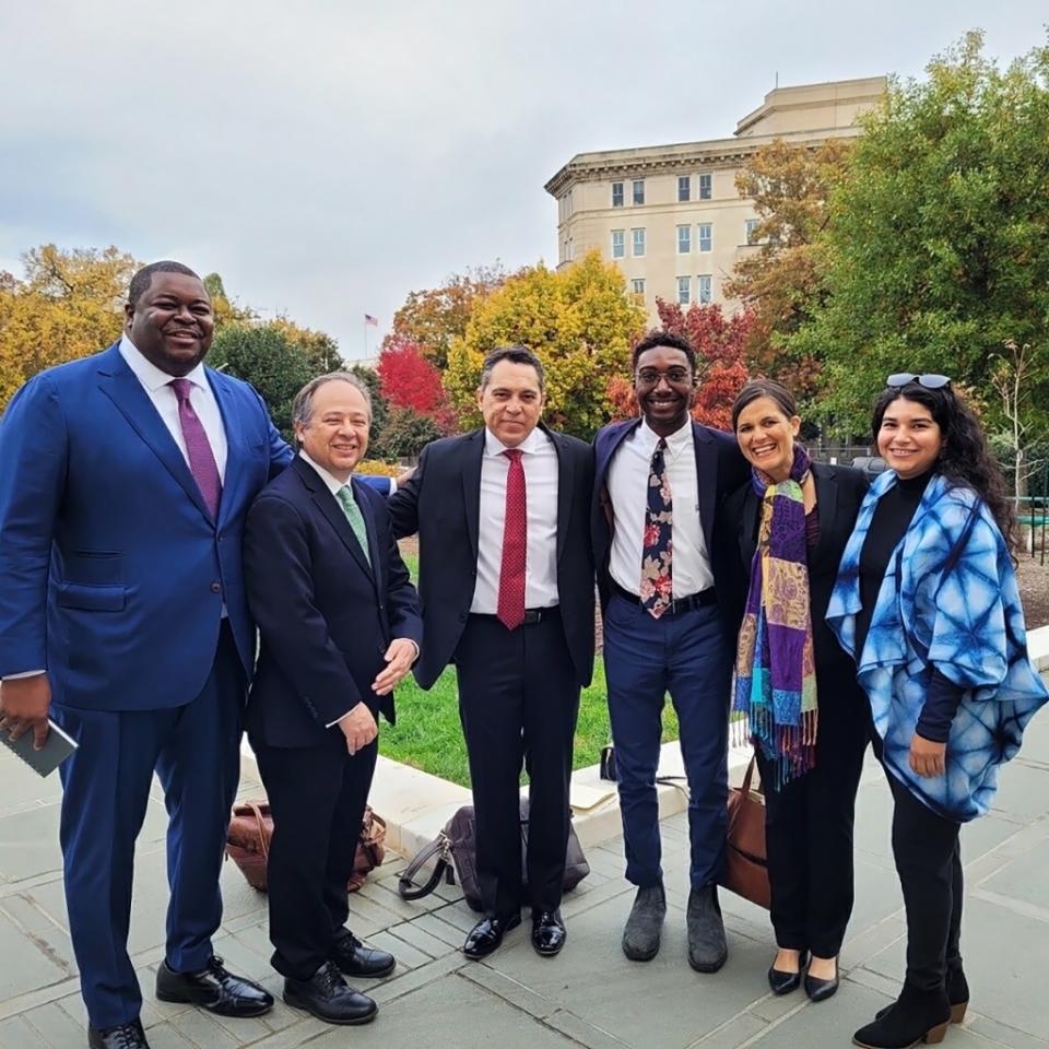 damon hewitt, president of lawyers committee on the far left. david juno joss who argued the case in front of supreme court third from left andrew brennen third from right cecilia polanco another student intervenor on the far right