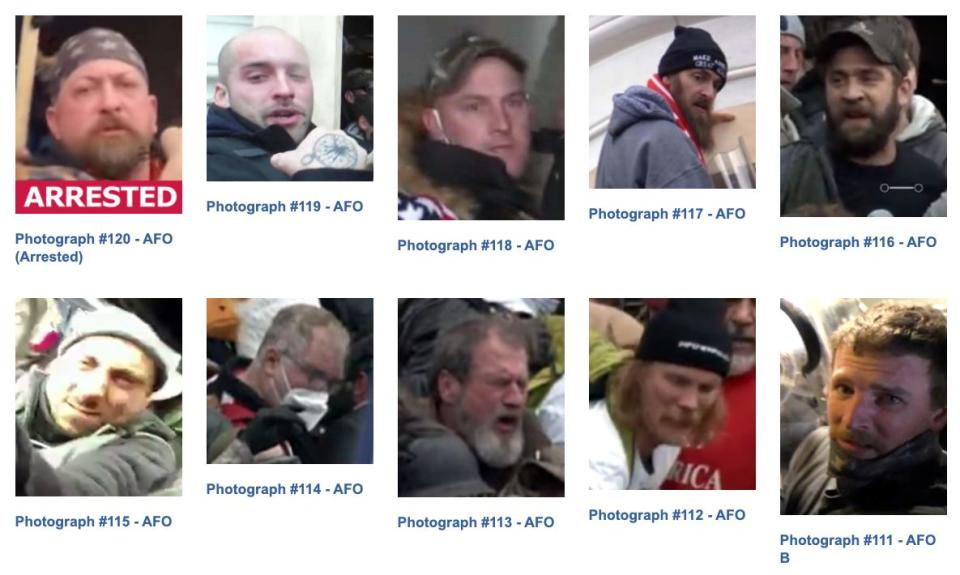 Images of 10 defendants wanted for assault on a federal officer. Just one is currently labeled as arrested. (Photo: FBI)