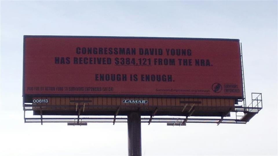 A billboard in Des Moines naming Rep.&nbsp;David Young&nbsp;(R-Iowa). (Photo: Survivors Empowered)