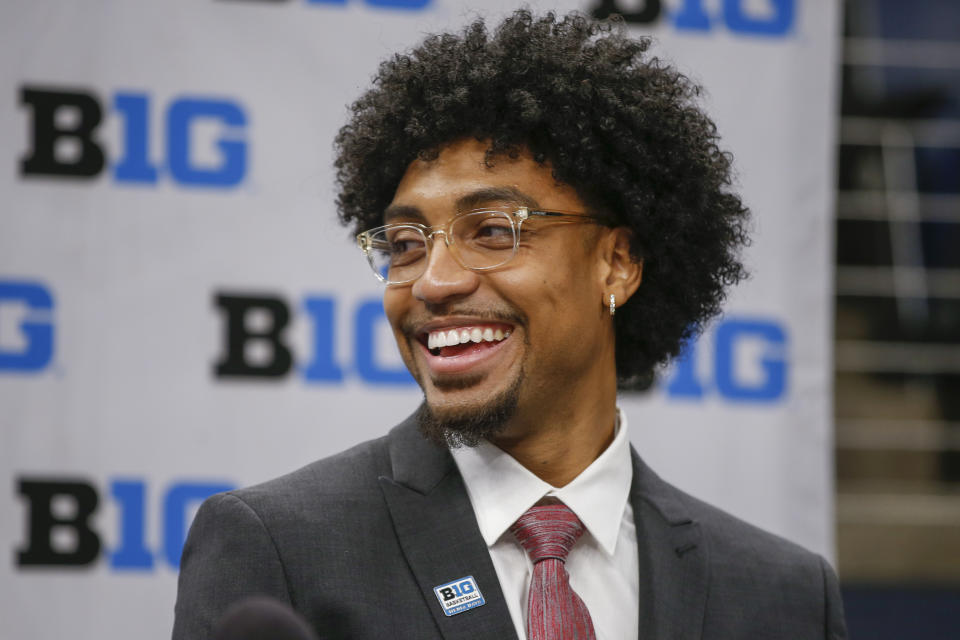 Ohio State player Justice Sueing speaks during Big Ten NCAA college basketball Media Days Wednesday, Oct. 12, 2022, in Minneapolis. (AP Photo/Bruce Kluckhohn)