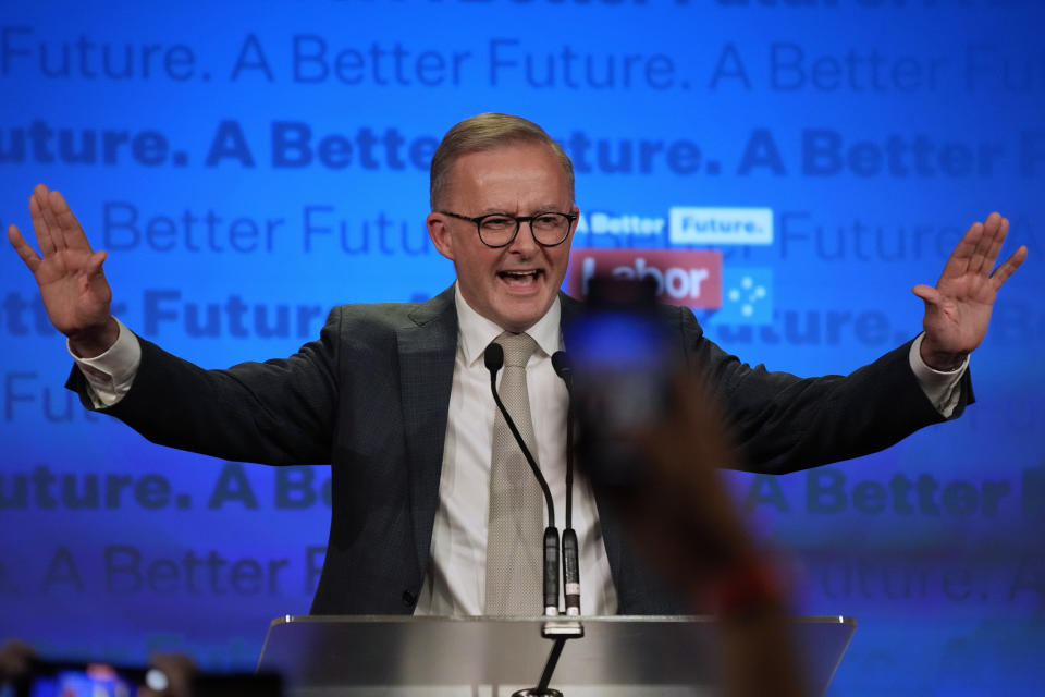 Labor Party leader Anthony Albanese speaks to supporters at a Labor Party event in Sydney, Australia, Sunday, May 22, 2022, after Prime Minister Scott Morrison conceding defeat to Albanese in a federal election. (AP Photo/Rick Rycroft)